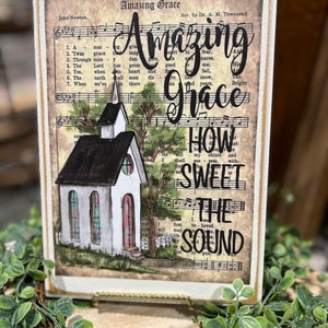 Amazing Grace Hymn, Hymn Board Sign, Sympathy Gift, Christian Art Gift, Hymn Page with Hand Painted Art