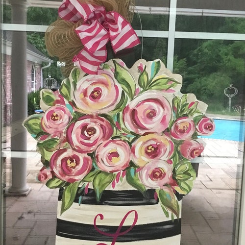 Vintage Rose Striped Floral Door Hanger Painted Personalized Etsy