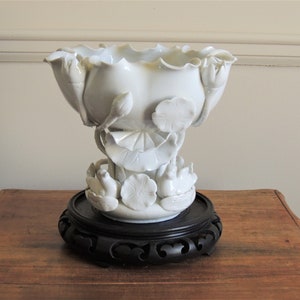 Vintage Porcelain Pedestal Bowl on Stand, white lotus and birds, Blanc de Chine Dehua