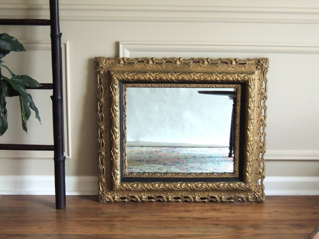 Large Ornate Carved Wood Wall Mirror, Gesso and Gilt, Vintage Framed ...