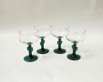Set of Cactus Margarita Glasses, vintage Libbey barware, green saguaro cactus stem, set of 4