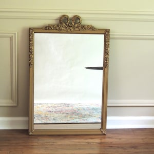 Antique Carved Wood Wall Mirror, Gesso Gilt Rosette Bow Frame
