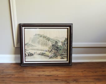 Framed Chinese Watercolor Painting, village and mountain landscape