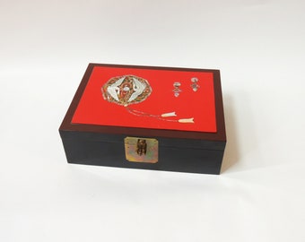 Vintage Asian Lacquerware Jewelry Box, mother of pearl inlay, egrets