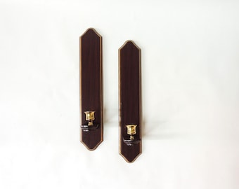 Set of Two Brass and Wooden Candle Sconces, vintage Danish modern, cherry and gold