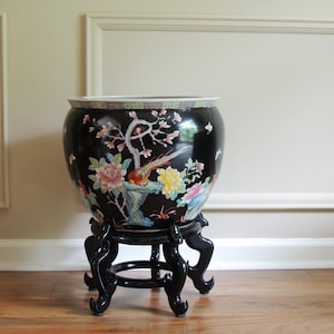 Large Chinese Fish Bowl Pot on Stand, floor planter, hand painted porcelain, vintage Asian decor, koi fish