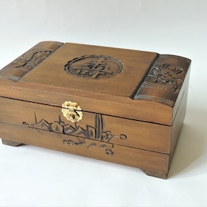 Vintage Jewelry Music Box, Chinese hand carved wood, jewelry storage with mirror, multi compartment