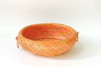 Large Chinese Oval Basket, vintage double walled, woven bamboo, centerpiece, fruit basket