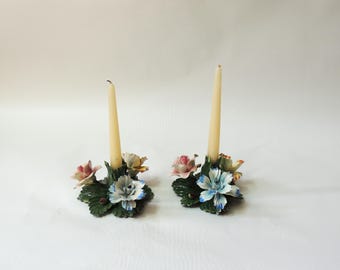 Vintage Set of Capodimonte Floral Candlestick Holders, made in Italy, hand painted, centerpiece