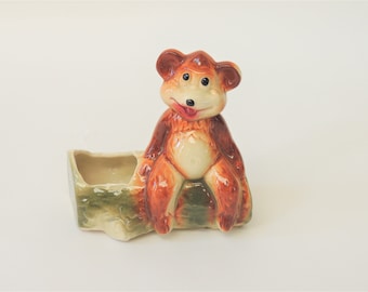 Mid Century Ceramic Bear Planter, bear on a log, succulent planter, nursery decor