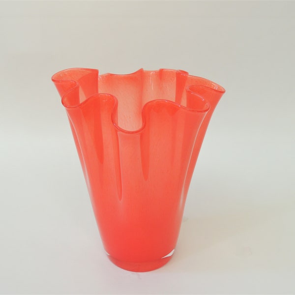 Vintage Large Ruffle Glass Vase, orange coral, handkerchief art glass vase, hand blown, Murano style