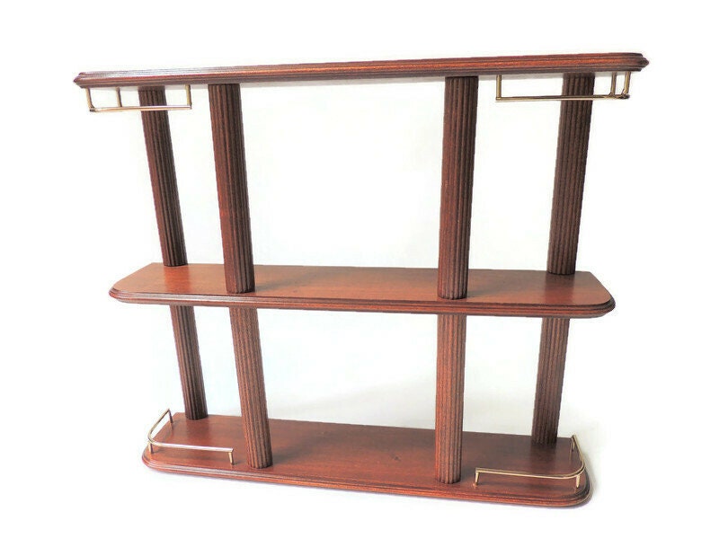 Large Vintage 3 Tiered Wall Shelf brass and wood hanging Etsy