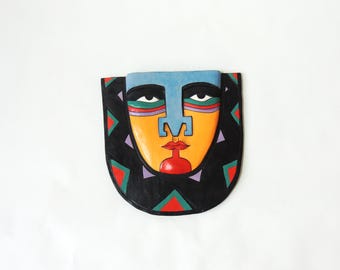 Vintage Polychrome Tribal Mask, indigenous carved wooden wall hanging