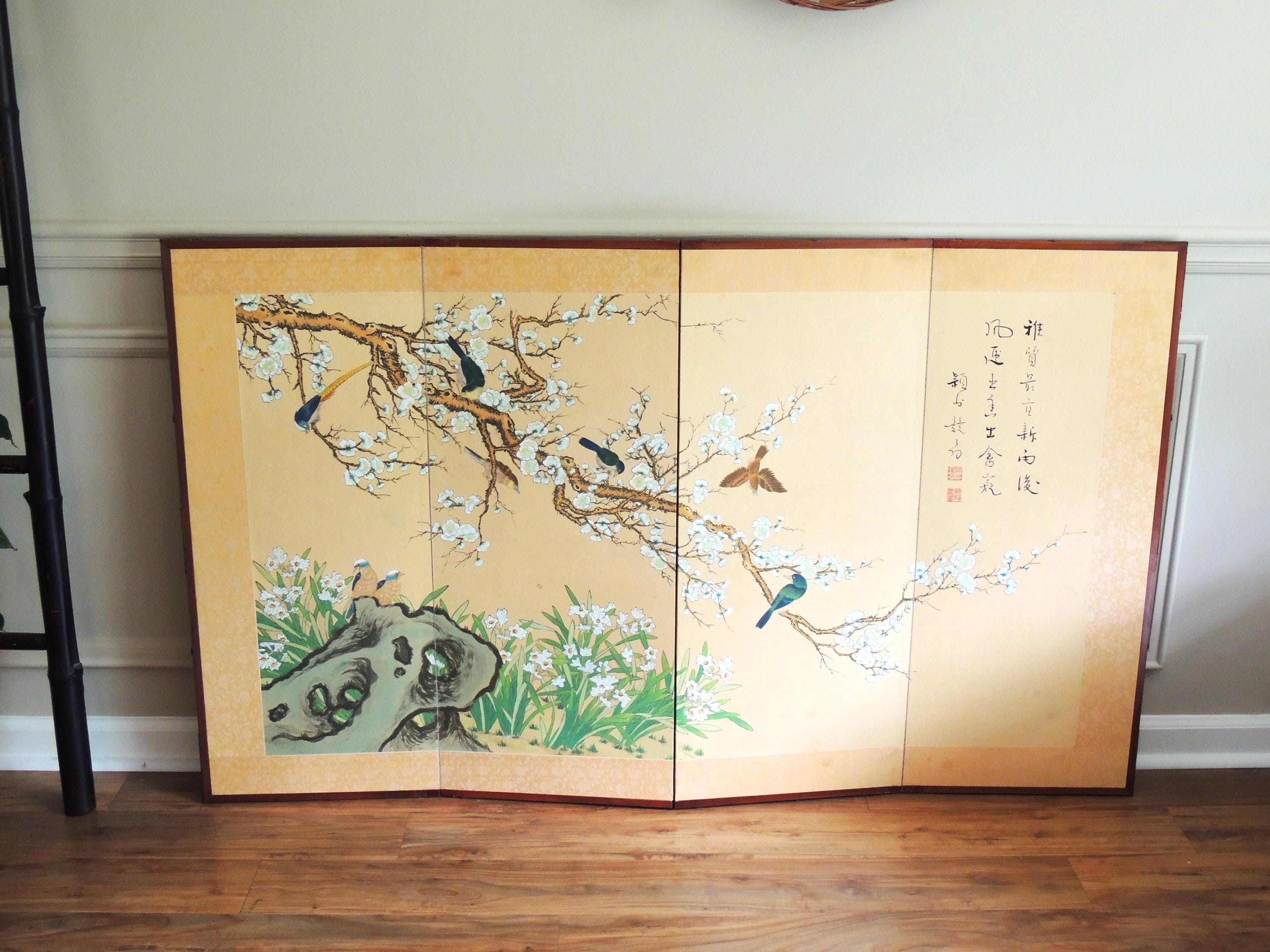 Large Chinese Four Panel Silk Screen, Hand Painted, Cherry Blossom
