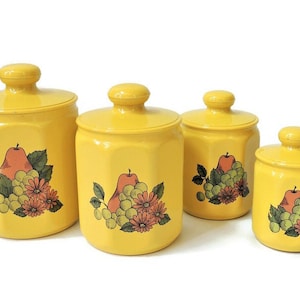 Mid Century busset, Kromex aluminium, set van 4, keuken uit de jaren 50, bloemen- en fruitdessin