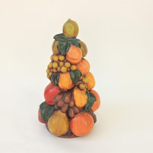Vintage Ceramic Fruit Topiary Centerpiece, fruit tower, hand painted, signed, table decor