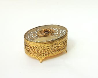 Vintage Casket Jewelry Box With Hinged Lid, gold ormolu, beveled glass display box, footed
