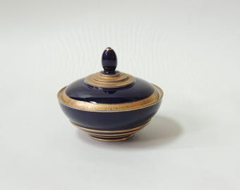 Vintage Fine Porcelain lidded bowl, Graf Von Henneberg, cobalt and 22k gold