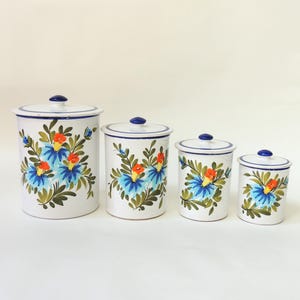 Vintage Italian Pottery Canister Set, glazed clay, hand painted, floral, 4 piece kitchen set, Doni
