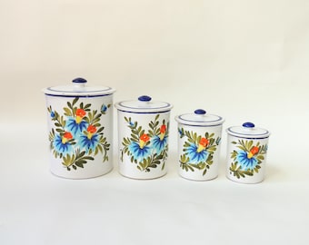 Vintage Italian Pottery Canister Set, Hand-Painted Floral Kitchen Decor
