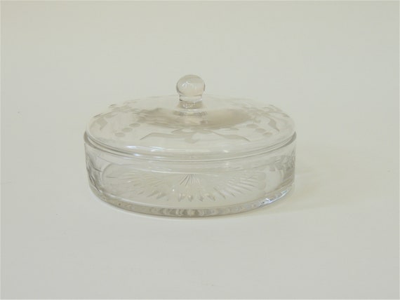 Vintage Etched Glass Trinket Box, lidded storage,… - image 1