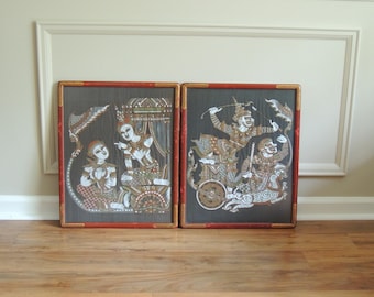 Vintage Thai Silk Painting Framed Art, Thai Dancers, Warriors, Mid Century, set of two