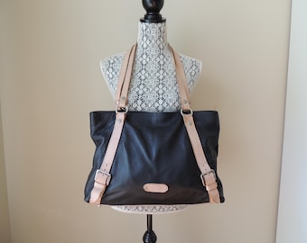 Vintage leren Valentina Italiaanse handtas, zwart en bruin, met dubbele handgreep.