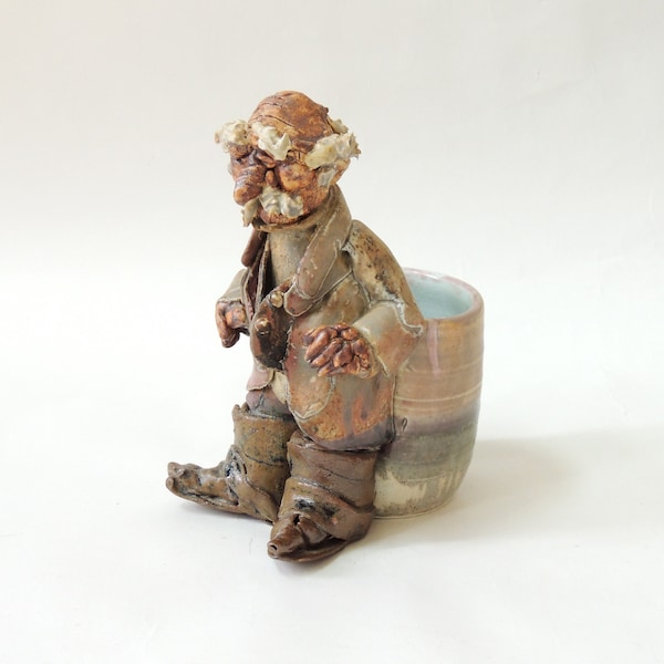 Vintage Clay Figural Planter, old man, signed pottery, pencil cup, stash dish, funny face sculpture