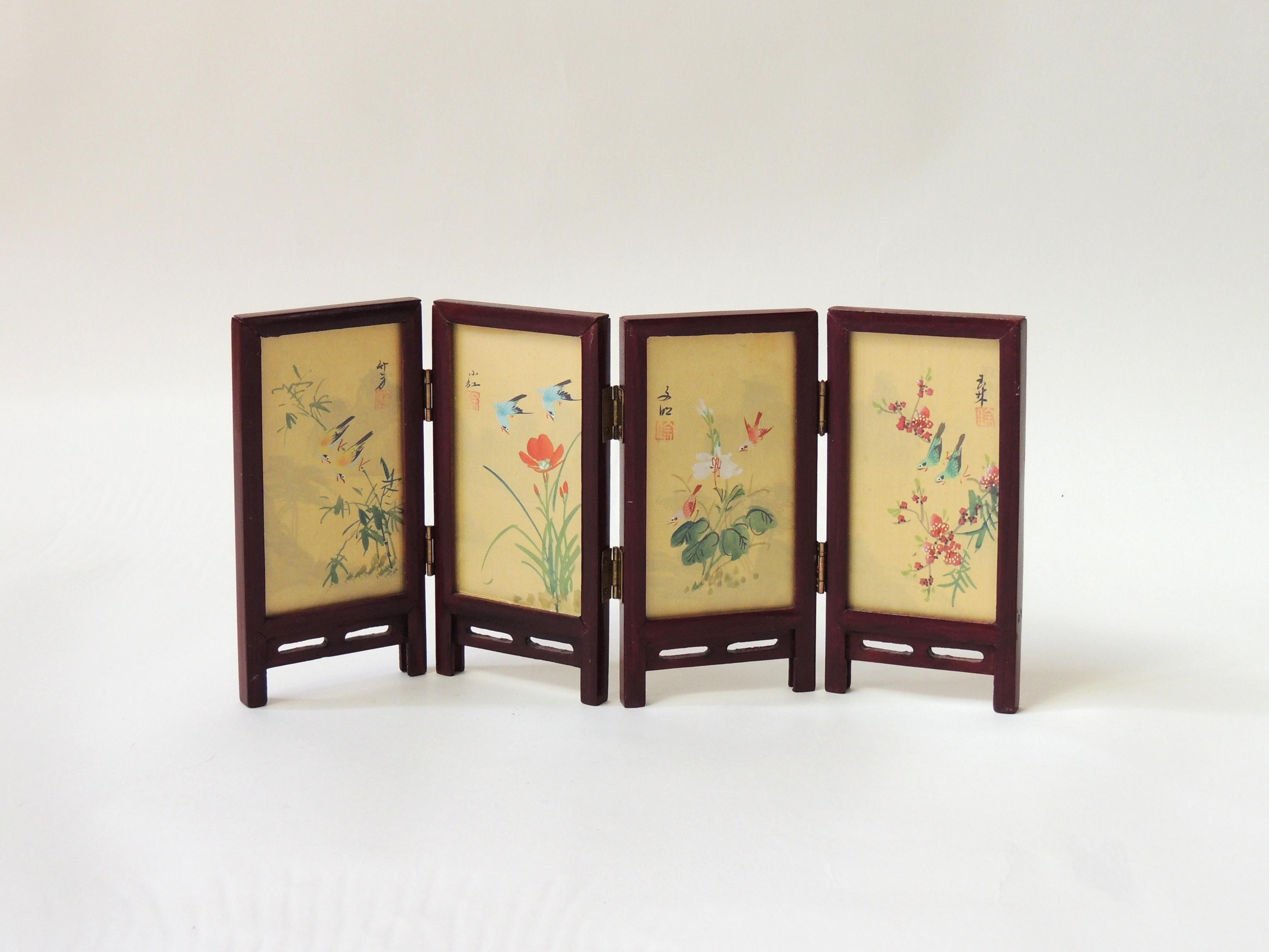 Vintage Small Chinese Tabletop Folding Screen, 4 panel silk, birds, mountains