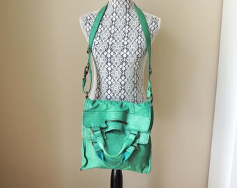 Vintage Lucky Brand Abbey Road Messenger Bag, groene leren tas, crossbodytas, schoudertas
