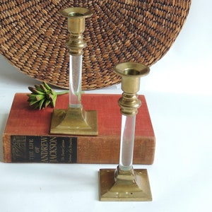 Set of Brass and Lucite Candlestick Holders, mid century modern taper candlesticks, made in Hong Kong