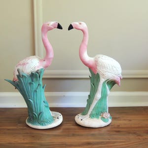 Set of Two Flamingo Statues, vintage Universal Statuary, garden art, Florida flamingos