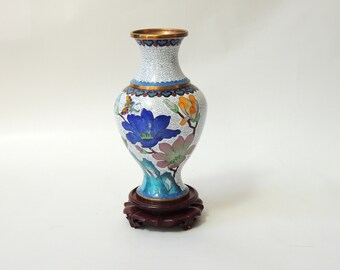 Vintage Chinese Vase on Stand, cloisonne, vintage brass enamel Asian decor, floral and butterfly