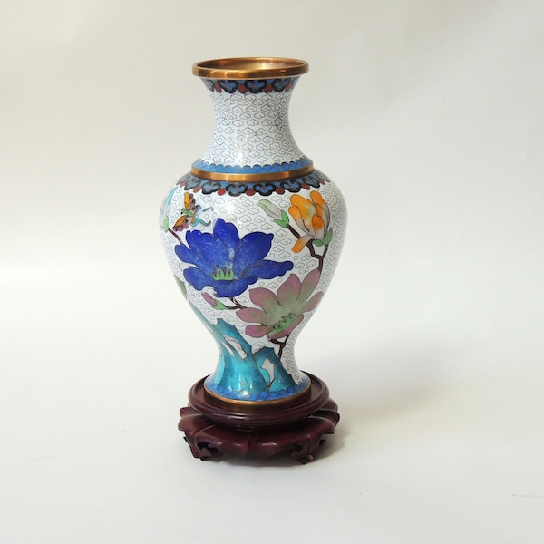 Cloisonne Vase on Stand, vintage brass enamel Asian decor, Chinoiserie floral and butterfly painted brass vase