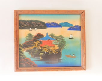 Vintage Framed Asian Silk Painting, water and pagoda scene, wood faux bamboo frame