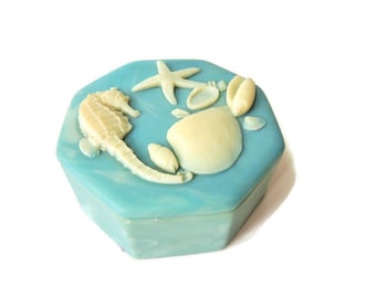 Vintage Seashell Trinket Box, blue and white soapstone, conch shell, starfish seahorse , beachy decor