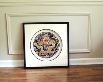 Antique Chinese Silk Embroidery Framed, 5 clawed dragon, Imperial Kesi Roundel