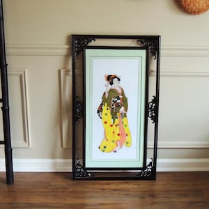 Large Asian Silk Embroidery Framed Art, vintage Japanese needlepoint, Geisha, ornate frame