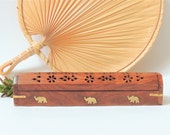 Vintage Wood and Brass Incense Burner, elephant detail, hidden compartment, stick incense