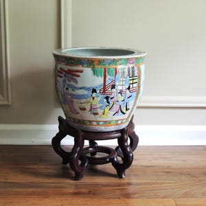 Large Chinese Fish Bowl Pot with Stand, floor planter, hand painted porcelain, vintage Asian decor, fancy goldfish, Famille Rose