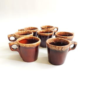Set of Hull Drip Glaze Mugs, set of 7, vintage coffee cups, Mid Century stoneware