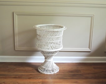 Vintage Wicker Planter Floor Stand, Boho Jardiniere, 23 Inch High Pedestal Cachepot