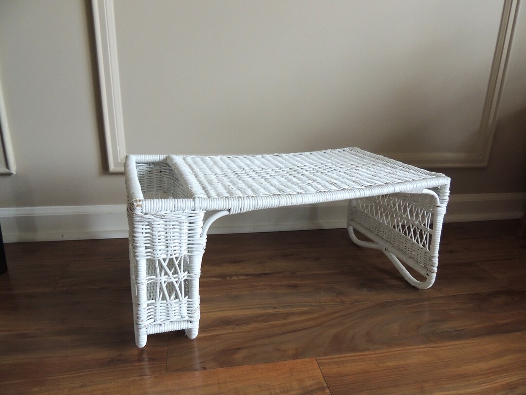 Vintage White Wicker Bed Tray, Breakfast Tray With Magazine Storage