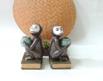 Pair of Chinoiserie Monkey Statues, vintage Mojolica style porcelain, hand painted