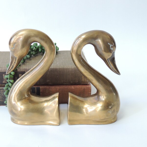 Large Brass Swan Bookends, vintage bird sculpture, heavy doorstop