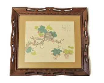 Asian Painting on Silk Framed Art, vintage floral and animal painting, antique wood frame