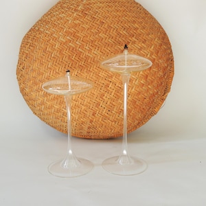 Vintage Glass Oil Lamps, set of 2, handblown glass oil candle, Firelight Glass, atomic shape