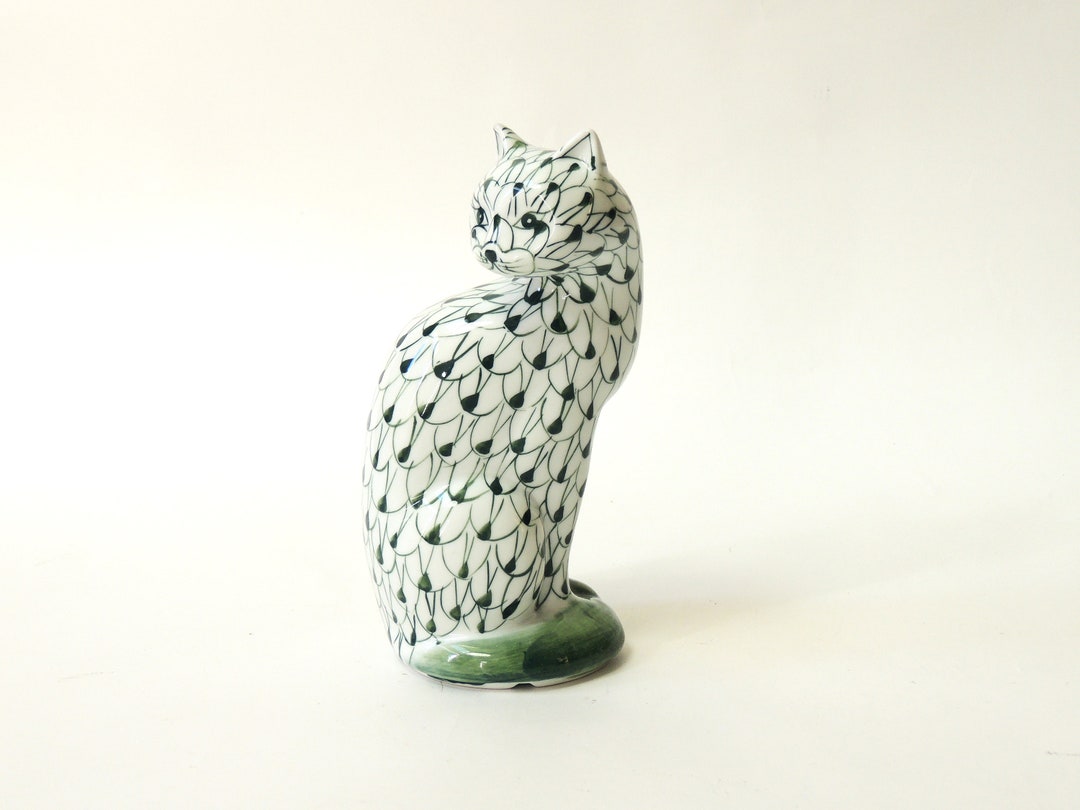 Vintage Cat Statue, Pattern, Sitting Cat, Green and White, Hand