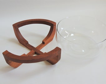Mid Century Modern Large Glass Salad Bowl With Teak Stand by