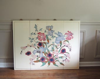 Vintage Chinese Four Panel Wall Hanging, lacquerware, floral chinoiserie, brass hangers